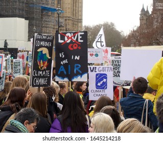 London, England, United Kingdom - 02/14/2020 : Students Holding Banners, Striking And Protesting For Climate Action At Parliament Square 