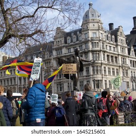 London, England, United Kingdom - 02/14/2020 : Students Holding Banners, Striking And Protesting For Climate Action At Parliament Square 