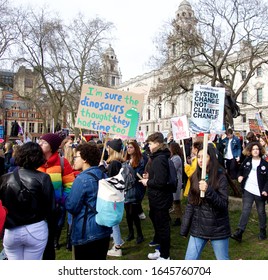 London, England, United Kingdom - 02/14/2020 : Students Holding Banners, Striking And Protesting For Climate Action At Parliament Square 