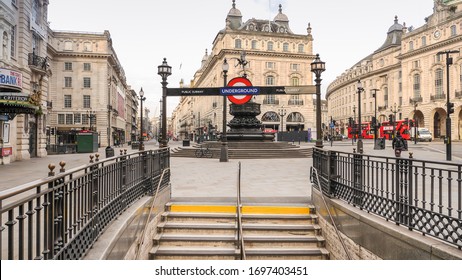 London, England / United Kingdom - April 8 2020: View Of Picadilly Circus Empty Due To Coronavirus Outbreak