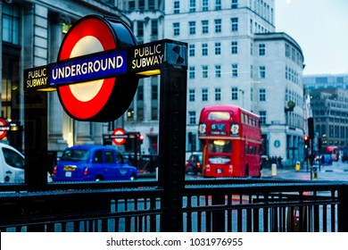 London, England, /United Kingdom – December 21st 2017:  Routemaster Double Decker Bus And Underground Sign, London, England, United Kingdom, Europe