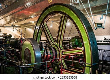 London, England, United Kingdom - May 24 2016: Victorian Tower Bridge Steam Engine Room Interior. 19th Century Technology Inside The Inner Workings Of Tower Bridge.