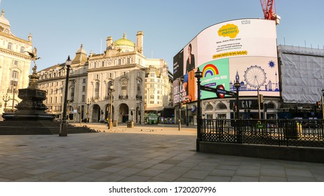 London, England / United Kingdom - May 2 2020: View Of Picadilly Circus Empty Due To Coronavirus Outbreak