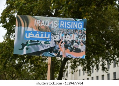 London, England/ United Kingdom
October 12 2019: Iraqi people protesting for better human rights in Iraq protesting in front of number 10 downing street London.