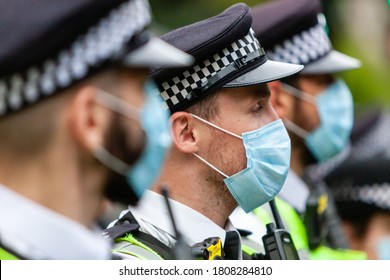 London, England/uk - August 30th 2020: Police Officers Wearing PpE And Face Mask During Black Live Matter Protest From Nottinghill To Hyde Park