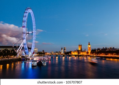 London Eye, Westminster Bridge And Big Ben In The Evening, London, United Kingdom