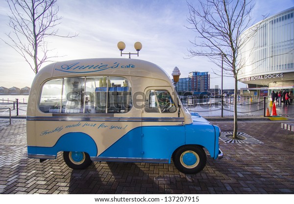 LONDON, FEB 23:  Van\
coffee near the cable car station of Emirates Royal Dock, February\
23, 2013 in London. The sellers of coffee vendors are millions\
around the world.