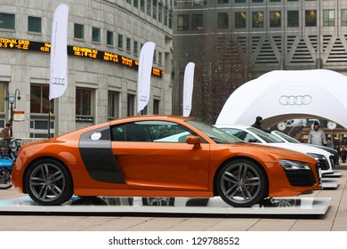 LONDON - FEBRUARY 12TH: Audi showcases their R8 collection on the 12th of February 2013 at Canary wharf in london, UK. The R8 audi collection is Audi's most expensive model.