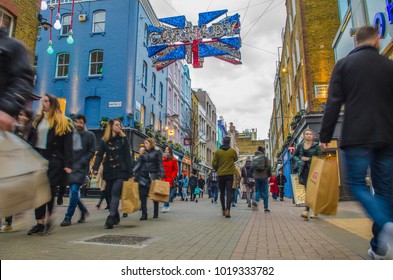 LONDON- FEBRUARY, 2018: Busy Shopping Scene On Carnaby Street In London's West End. 