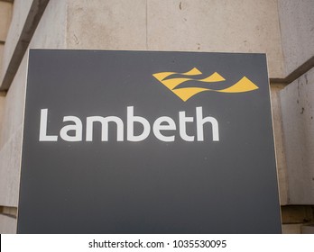 LONDON- FEBRUARY, 2018: Lambeth London Borough Council Sign And Logo Outside Town Hall Building In Brixton, South West London 