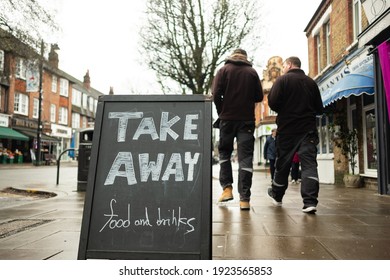 London- February, 202:  British High Street With Take Away Sign Board- Common Adaptation For High Street Businesses During The Covid 19 Lockdown