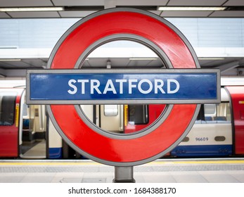 LONDON- FEBRUARY, 2020: Stratford Station Underground platforms, major multi-level interchange station serving the district of Stratford in East London