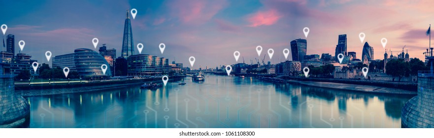 London With Flat Map Pins, Network And Connections Technology  Concept.