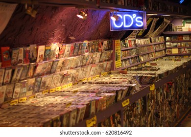 LONDON, GREAT BRITAIN - May 21, 2017: A Local Underground CD Shop In Camden Town Selling Variety Audio Media And Music Genres.