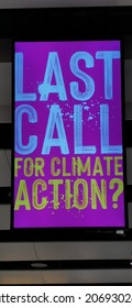 London - Great Britain - October 30, 2021. A Digital Billboard At Heathrow Airport Reminds Passengers Of The Importance Of Climate Action. 