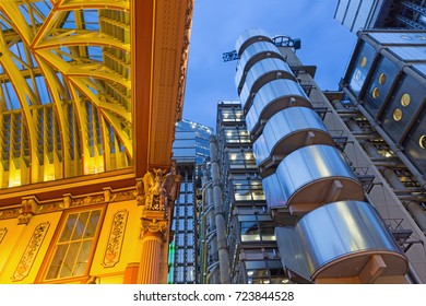LONDON, GREAT BRITAIN - SEPTEMBER 18, 2017: The Lloyds building and Leadenhall market at dusk.