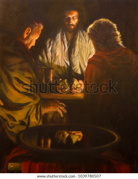 LONDON, GREAT BRITAIN -\
SEPTEMBER 18, 2017: The painting of the scene Jesus and the\
Disciples of Emausy in the church of Immaculate Conception, Farm\
Street from 20 cent.