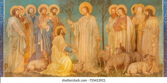 LONDON, GREAT BRITAIN - SEPTEMBER 19, 2017:  The fresco of scene   ‘Feed my sheep’ - Jesus give the power to St. Peter  in church St. Mary Abbots by John Clayton jnr. (end of 19. cent.)