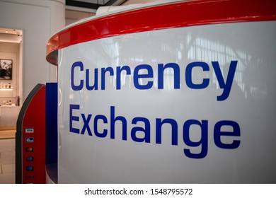 London Heathrow Airport / UK - 30 Oct 2019: Currency Exchange Booth