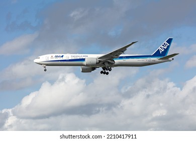 London Heathrow, UK, October 2022, All Nippon Airways, ANA Boeing 777 In The Inspiration Of Japan Livery Coming In To Land From Right To Left