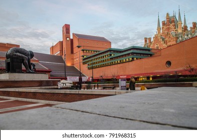 LONDON- JANUARY, 2018: The British Library on Euston Road, London, the 2nd biggest library in the world.  Exterior of entrance and forecourt with St Pancras Station in the background. 