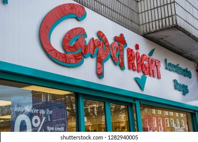 LONDON- JANUARY, 2018: Carpetright store exterior signage. A UK based carpet and rug retailer.