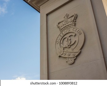 LONDON- JANUARY, 2018: Crest At The Entrance Gates Of The Queens Club Tennis Venue In West Kensngton, London. 