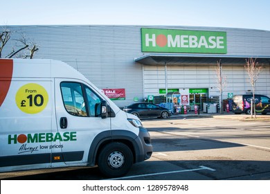 LONDON- JANUARY, 2019: Homebase Exterior Of Store And Delivery Van- A British Home Improvement Retailer And Garden Centre