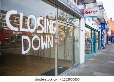 LONDON- JANUARY, 2019: A Vacant High Street Shop With 'closing Down' Sign In Shop Window
