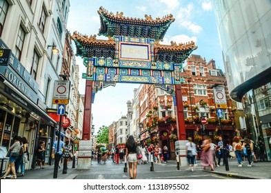 LONDON- JULY, 2018: Crowds Of People In London's China Town Area Of Soho In The West End. 