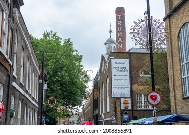 London- July, 2021: View Of The Truman Brewery Building On Brick Lane. An Trendy Area In East London With Markets, Shops And Food Outlets 