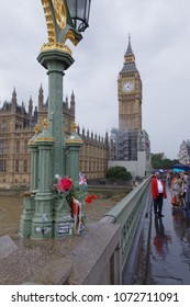 London - July 29, 2017: Flowers Left As A Memorial For The Victims Of The Westminster Bridge Attack In March Of 2017.