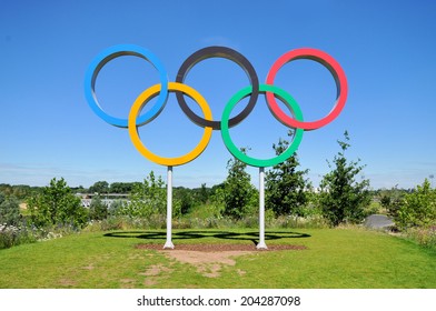 LONDON - JULY 3. The Olympic Games symbol in the new Queen Elizabeth Olympic Park, on July 3, 2014, a legacy from the games in the large landscaped recreation area at Stratford, east London.