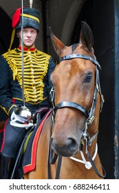 LONDON - JULY 30 : Kings Troop Royal Horse Artillery in Whitehall London on July 30, 2017. Unidentified man
