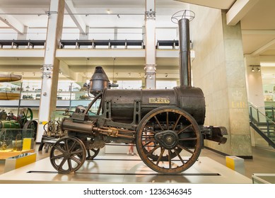 LONDON - JULY 5, 2017: Stephenson's Rocket Locomotive, 1829 in the Science Museum