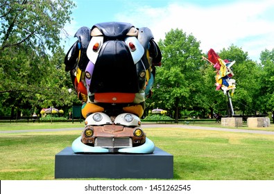 LONDON - JULY 5, 2019. Autonomous Morris, A Deconstructed And Collaged Car Parts Installation By Zak Ove On Display In The English Gardens, North London, UK.