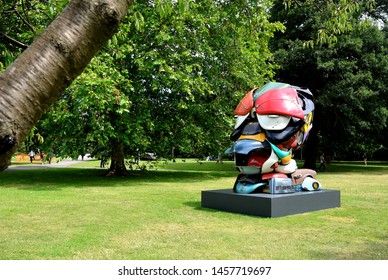 LONDON - JULY 5, 2019. Autonomous Morris, A Deconstructed And Collaged Car Parts Installation By Zak Ove On Display In The English Gardens, North London, UK.