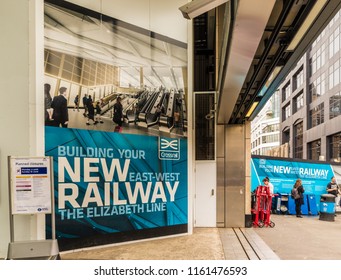 London. June 2018. A View Of Crossrail Signage At Farringdon Train Station In London