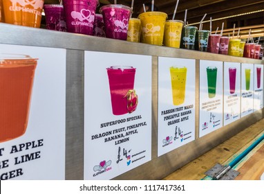 London. June 2018. A View Of The Juice Bar Along The South Bank In London