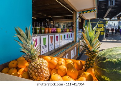 London. June 2018. A View Of The Juice Bar Along The South Bank In London