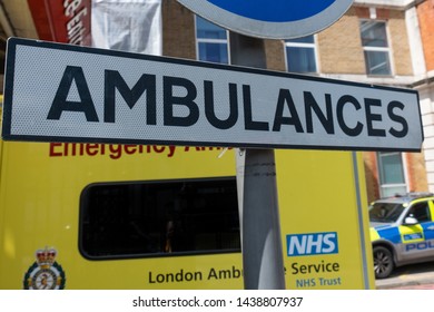 LONDON- JUNE, 2019: 'Ambulances' Sign Outside NHS Kings Collage Hospital In Camberwell