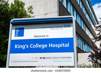 LONDON- JUNE, 2019: Kings Collage Hospital Exterior Signage- A Large NHS Hospital In Camberwell, Southwark 