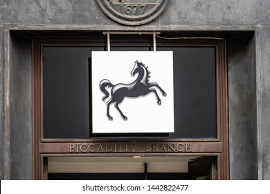 LONDON- JUNE, 2019: Lloyds Bank Exterior Signage On High Street Branch. A Large British High Street Bank