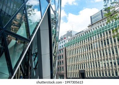 London- June, 2021: City Of London Office Buildings Street Level View From Beside The Gherkin, St Marys Axe Building