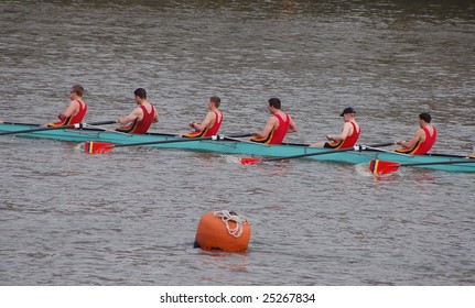 LONDON - MARCH 15: Young man take part in the annual international rowing event at the Head of the River in the Thames River, March 15, 2008 in London, England.