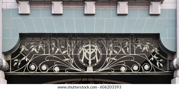 LONDON - MARCH 18, 2017. Wrought iron detail on the\
1911 Michelin House tyre depot and since 1987 home to The Conran\
Shop and Bibendum Restaurant at 81 Fulham Road, Kensington, London,\
UK.