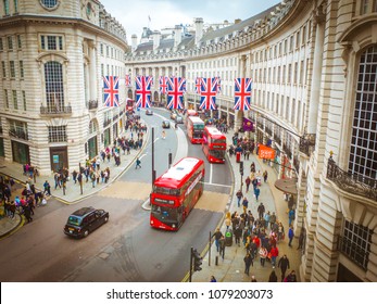 LONDON- MARCH, 2018: Elevated View Of  Regent Street. A Famous London Landmark And Popular Shopping Street With Upmarket Fashion Shops