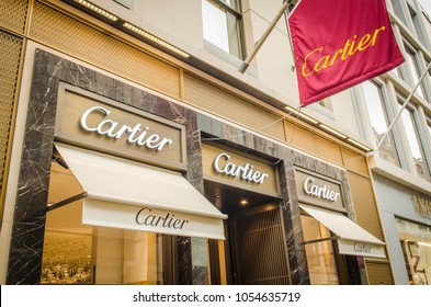 LONDON- MARCH, 2018: Exterior of the Cartier, a French luxury boutique brand that makes and sells jewellery and watches