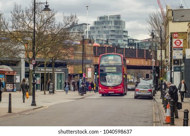 LONDON- MARCH, 2018: View Of Old York Road Close To Wandsworth Town Station. A High Street Area In The South West London Borough Of Wandsworth