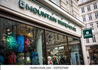 LONDON- MARCH, 2019: Mountain Warehouse Store Exterior, A British Outdoor Fashion And Equipment Brand